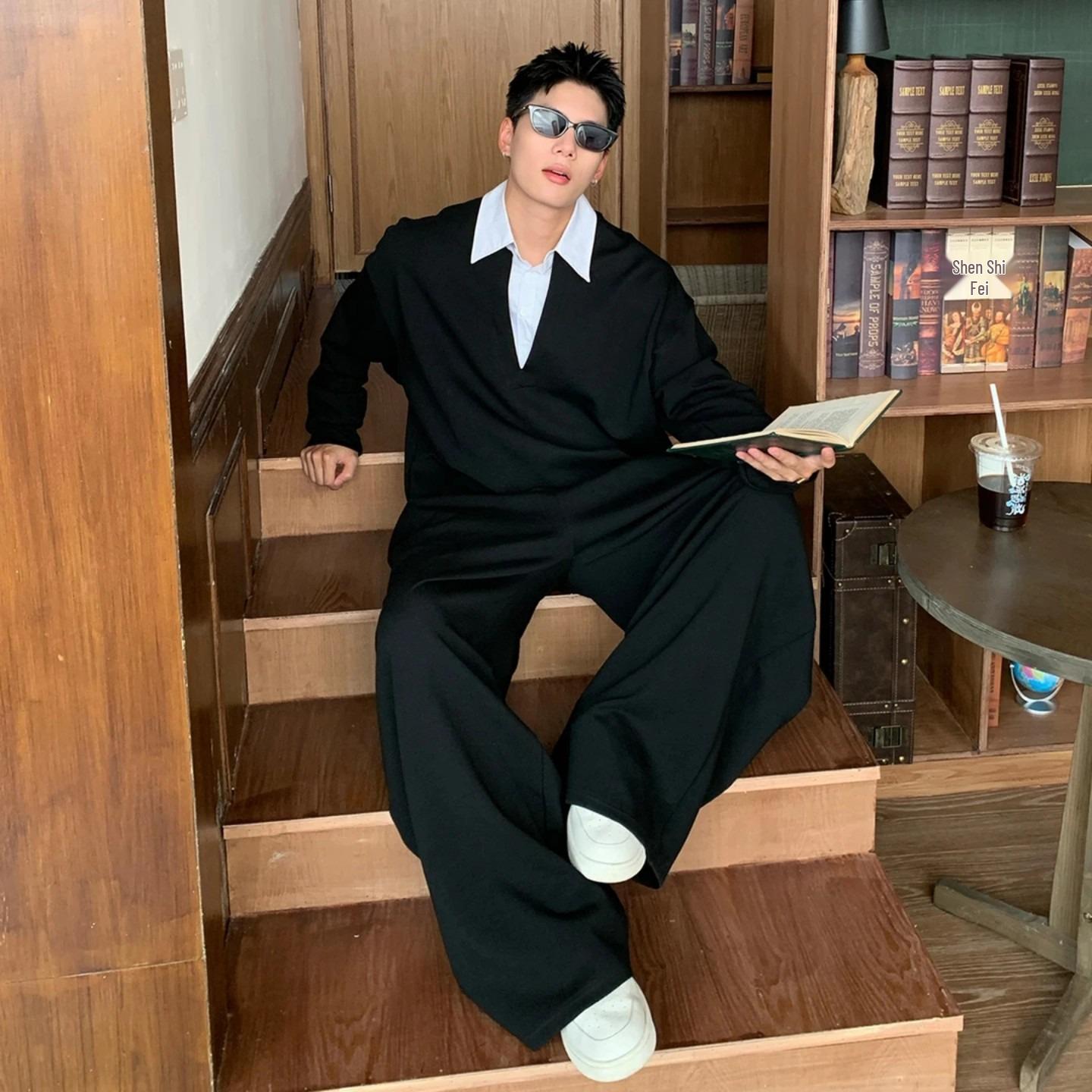 Men s Korean Style Patchwork Lapel Hoodie: Autumn/Winter Loose Fit Polo Pullover XL