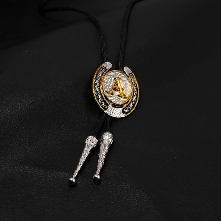 Tribal Faux Leather Rope Bolo Tie Unique Western Necktie Metal Initial Letter Necklace for Men and Womens Party Outfits