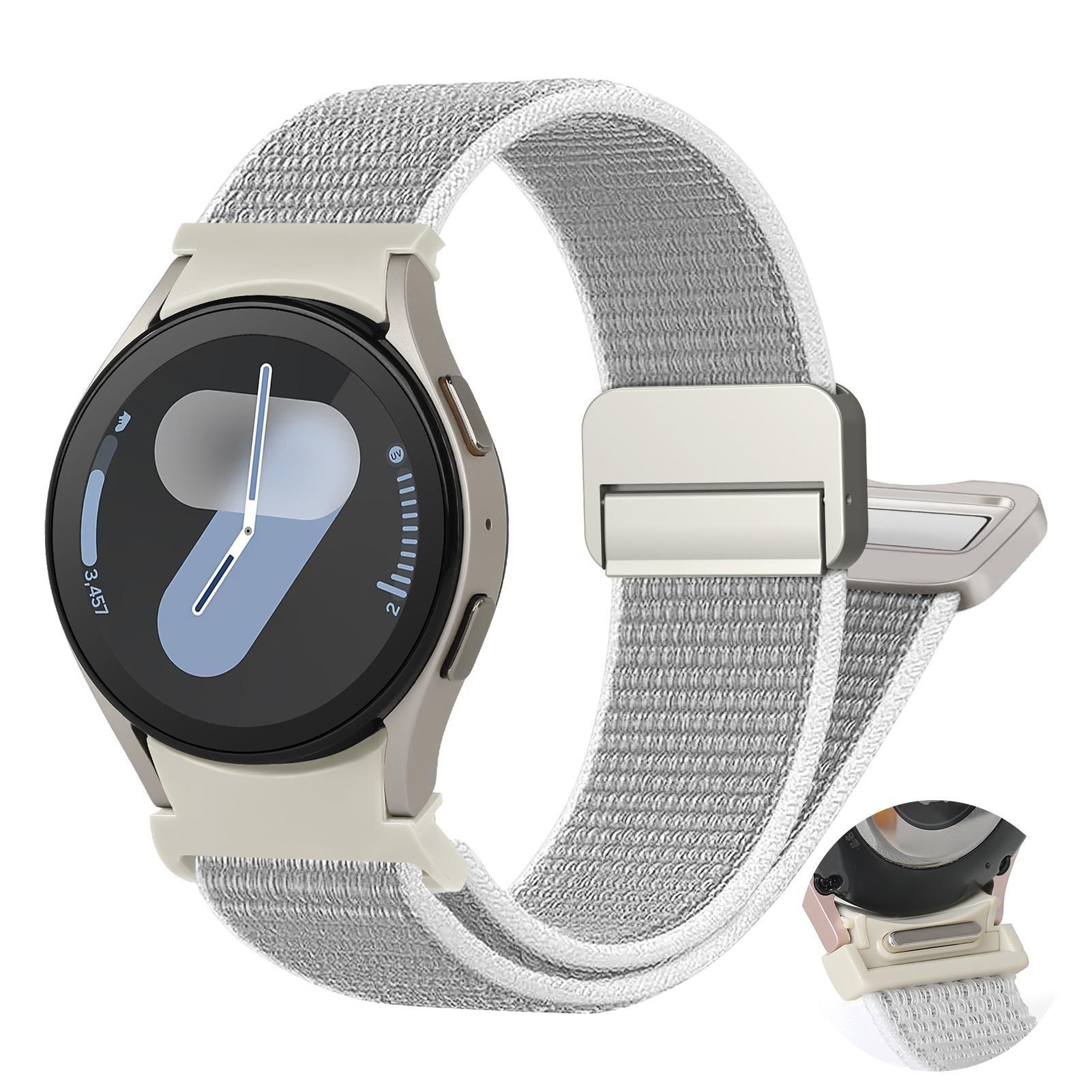 

Магнитный нейлоновый ремешок One Click для Samsung Galaxy Watch 7 6 5 4 40 мм 44 мм FE 40 мм 6 Classic/4 Classic/5 Pro Мягкий браслет без зазоров для Galaxy Watch 7 Galaxy Watch 7 40mm 44mm белый