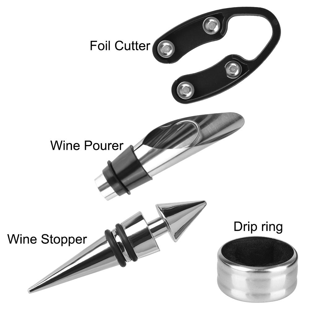 Bottle-Shaped Case Stainless Steel With Drip Ring, Foil Cutter, Wine Pourer and Stopper Multifunctional 5 Pieces Wine Opener Accessories Set