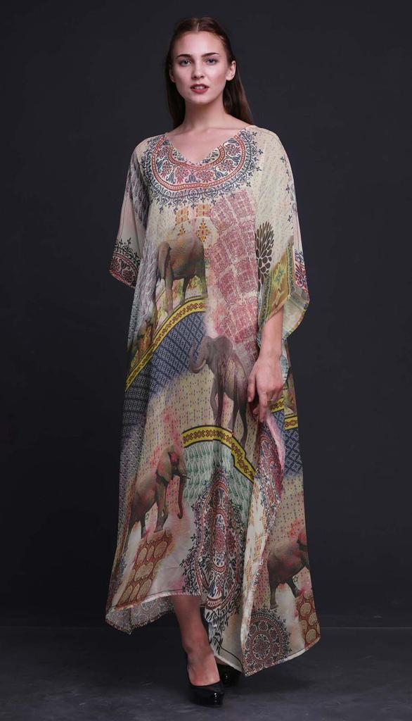 Phagun Elephant Animal Beach Kaftan Bikini Cover Up Womena    S Maxi Dress Long