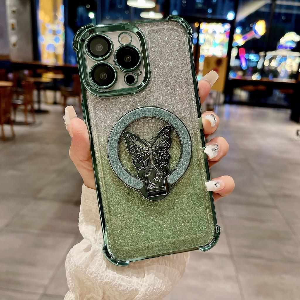 Applicable To IPhone16 Mobile Phone Case Magnetic Flash Powder Butterfly Stand 14 Apple 15 Four Corner Airbag Anti-fall Cover