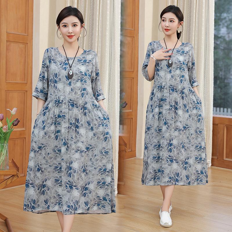 Women's Round Neck Five-Point Sleeve A-Line Floral Print Midi Dress Loose Casual Vintage Style Summer Daily Mom Long Dress