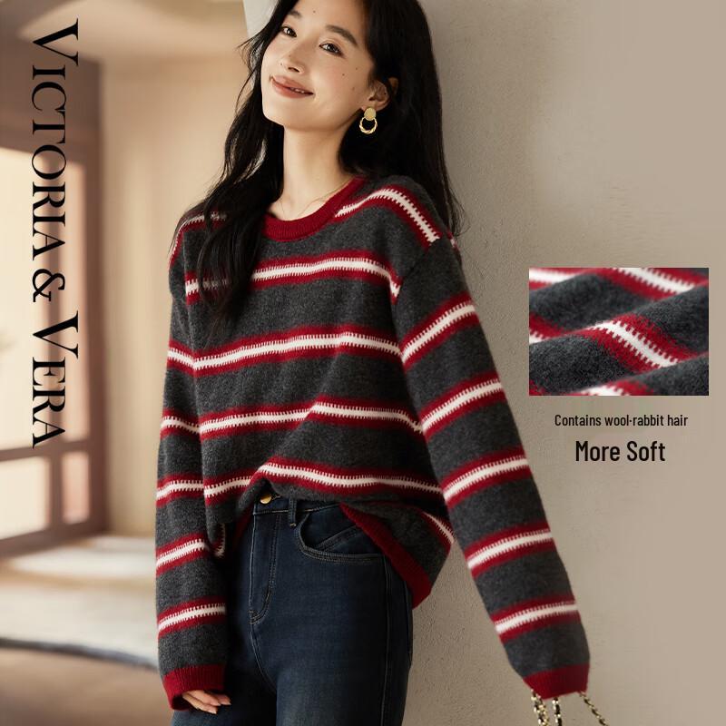 VICTORIA&VERA Women's V8901S03 Raccoon Down Wool Blend Striped Knit Sweater
