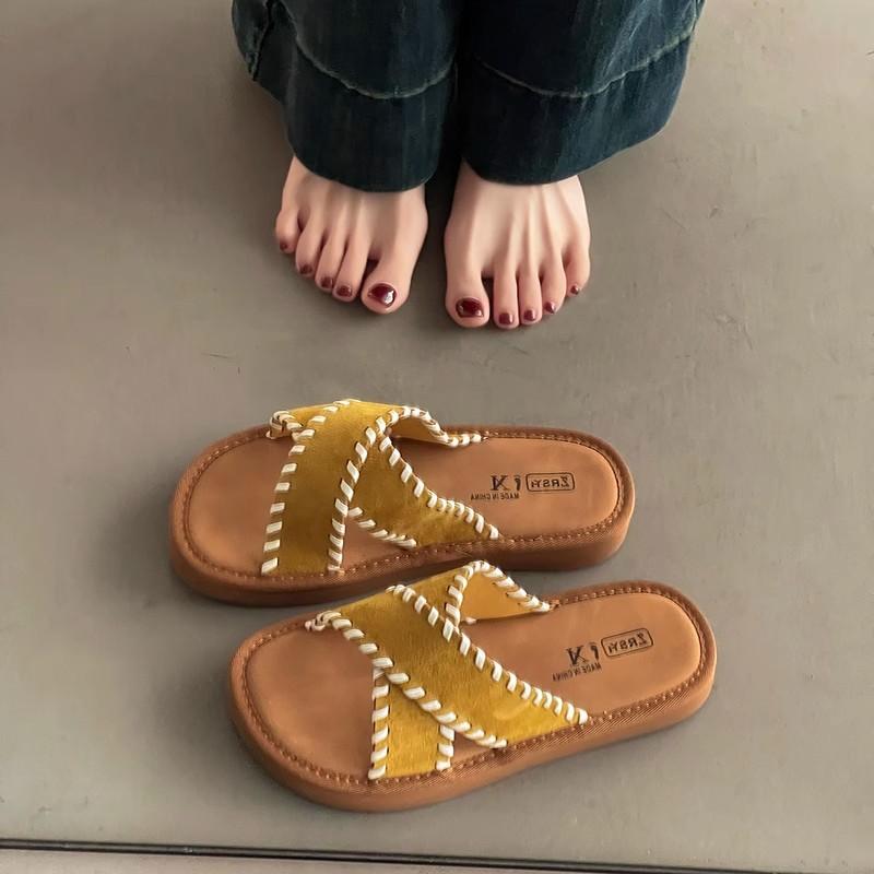 2025 Spring and Summer New Sparkling H-shaped Tow Popular Fashionable Thick-bottomed Sandals Versatile Flat-bottomed Heightening Open-toed Slippers