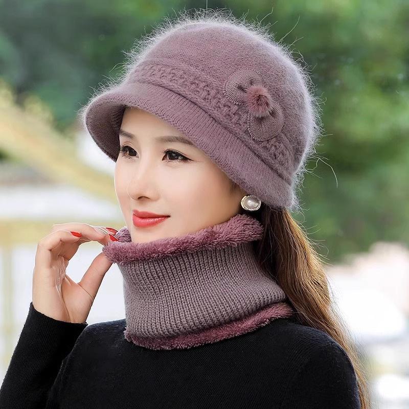 Elegantní vlněná čepice a šála pro zralé ženy - Plus sametově hřejivé, pletenina z veverčí vlny, všestranný design pro podzim/zimu