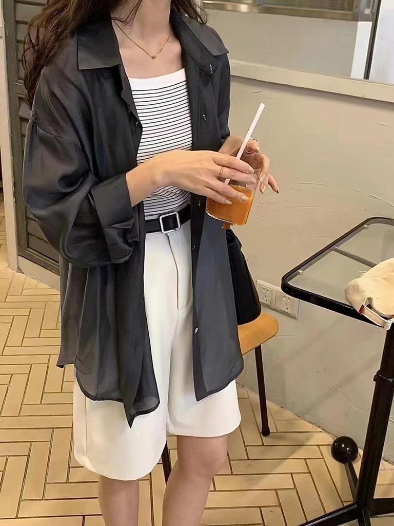 Yuoku Sheer Summer Long Loose UV Lightweight Shirt with Back Sun Shiny Sheer One Size Fits Women's Shirt, Blouse, Sleeve, Fit, Casual, Protection,