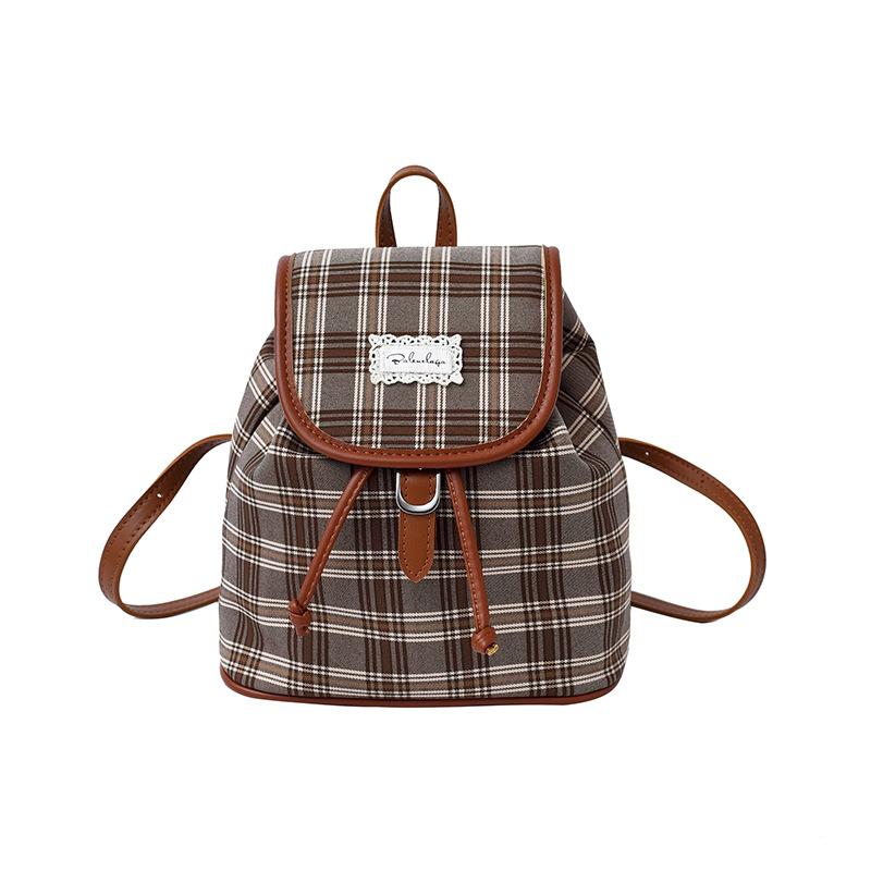 Niche Plaid Backpack Women's Retro College Style Casual Versatile Bucket Bag Fashion Student Commuter Backpack