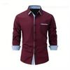 Men Casual Burgundy Dress Shirt Light Blue Contrast Collar Cuff Long Sleeve