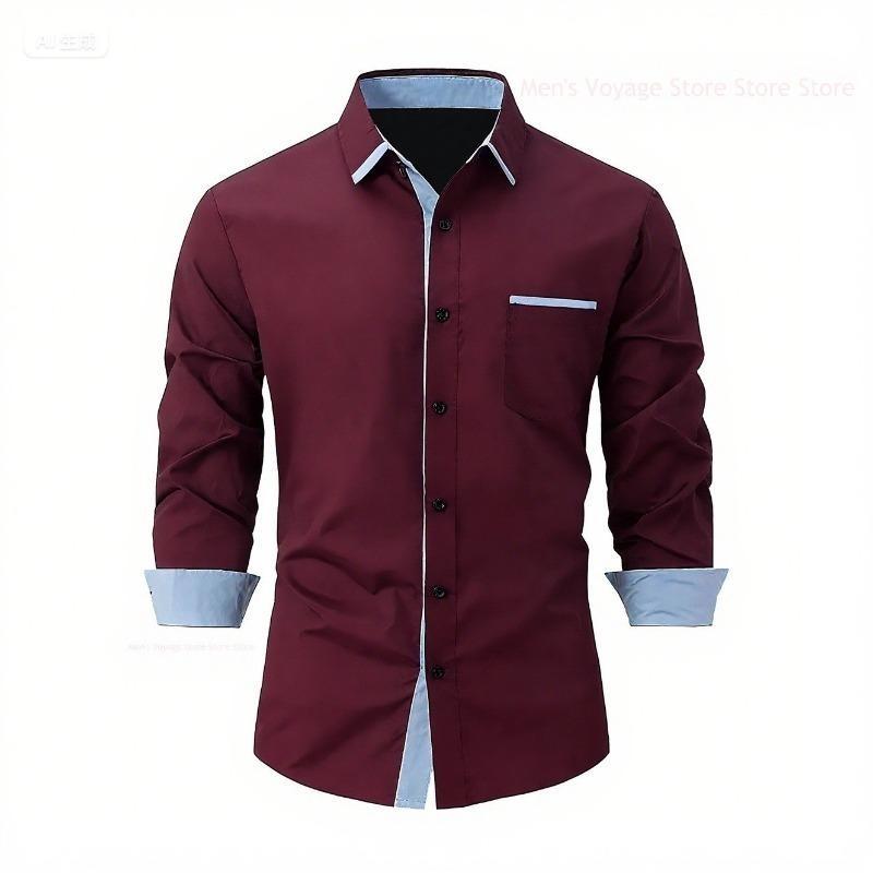 Men Casual Burgundy Dress Shirt Light Blue Contrast Collar Cuff Long Sleeve