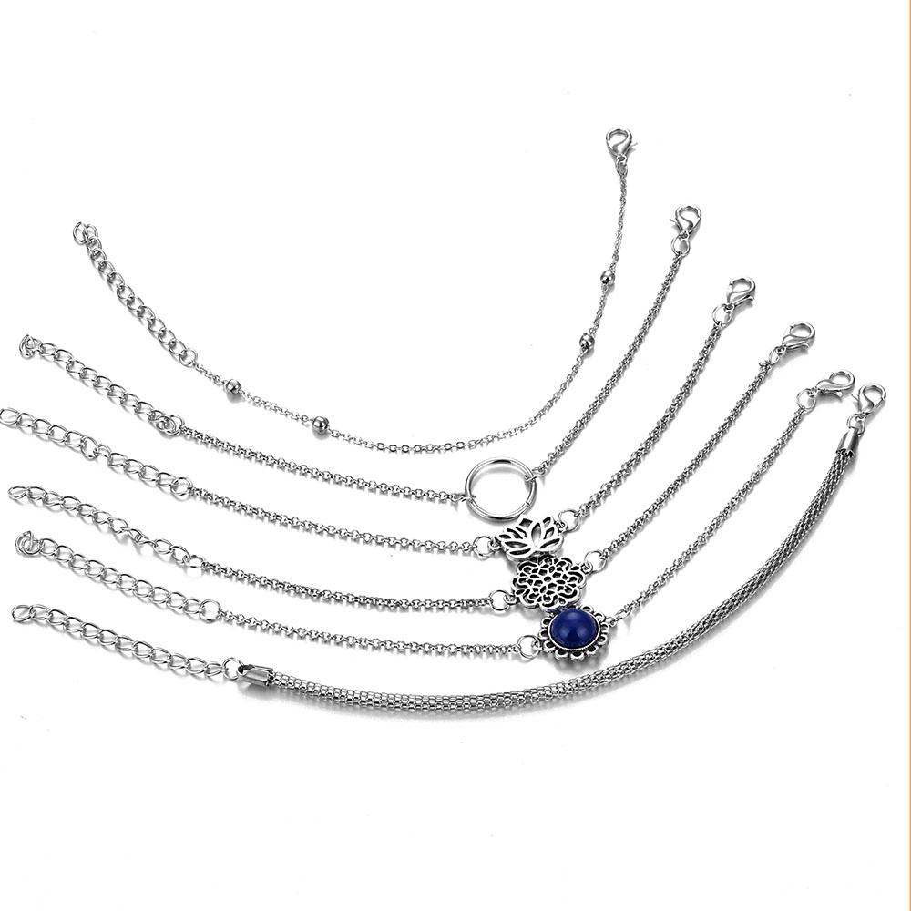 6Pcs/Set Bohemian Alloy Beads Lotus Crystal Sun Stone Bracelet Set