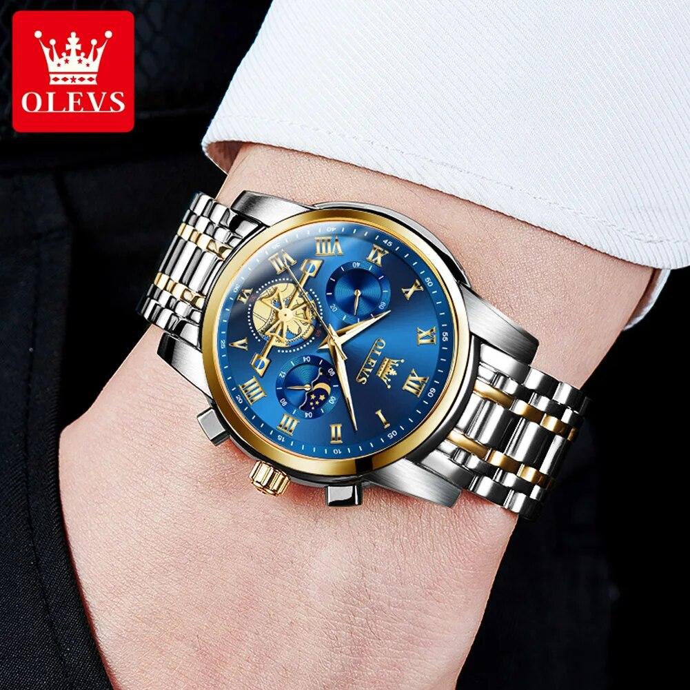 OLEVS 2859 Top Original Quartz Men's Watches Classic Roman Scale Dial Moon Phase Waterproof Luminous Luxury Wrist Watch for Male