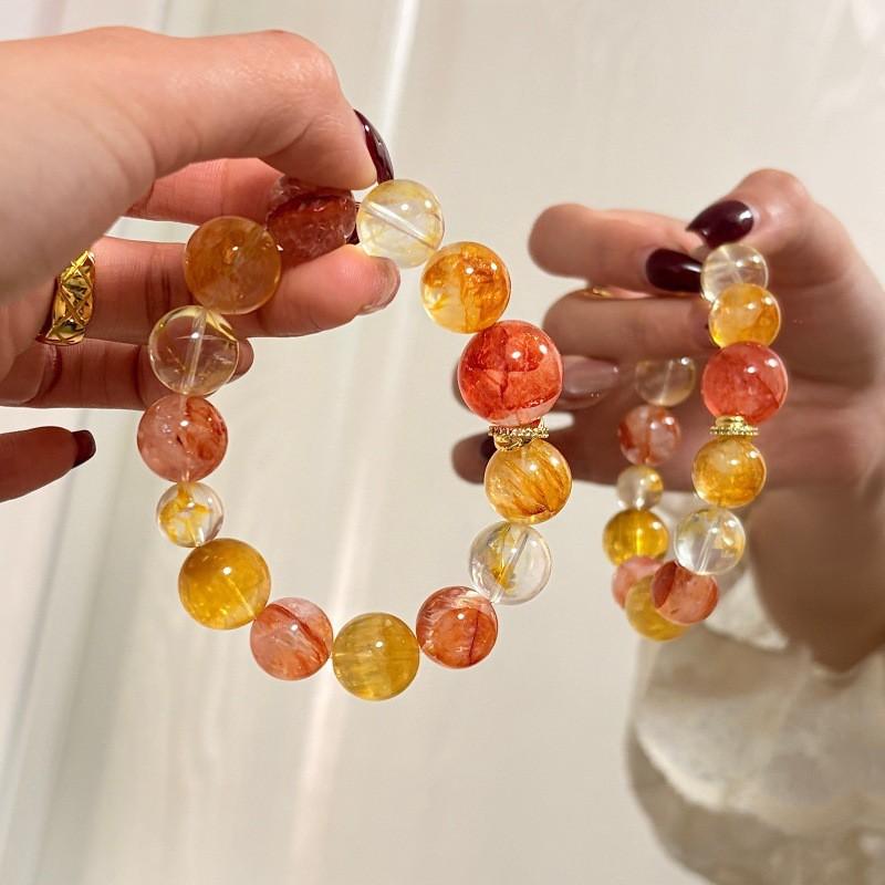 Handmade Natural Yellow Druzy Quartz Fluorite Red Crystal Bracelet Women Original Design High Aesthetic Appeal