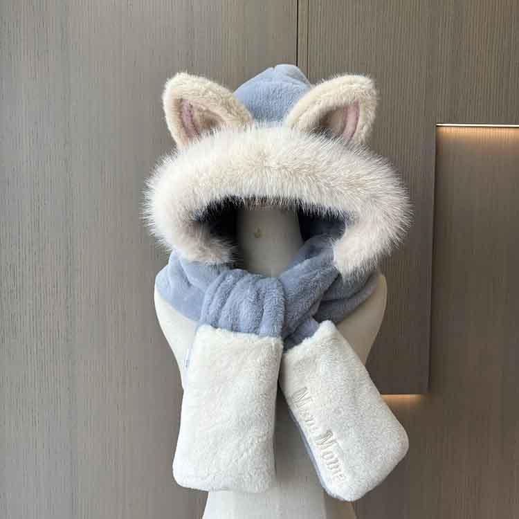 Winter New Fox Ears Women's Hat Scarf Gloves Integrated Three-piece Scarf Cute Plush Warm Windproof