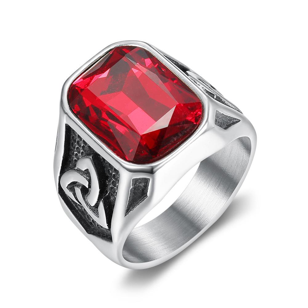 Viking Red Stone Ring Stainless Steel Mens Vintage Silver Color Nordic Viking Totem Odin Biker Rings Jewelry