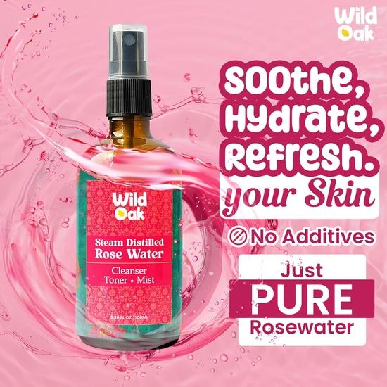 WildOak Steam Distilled 100% Pure Food Grade Rose Water | 100ml Bottle | Gulab Jal |Maintains Skin's Natural PH Level & Tightens Pores