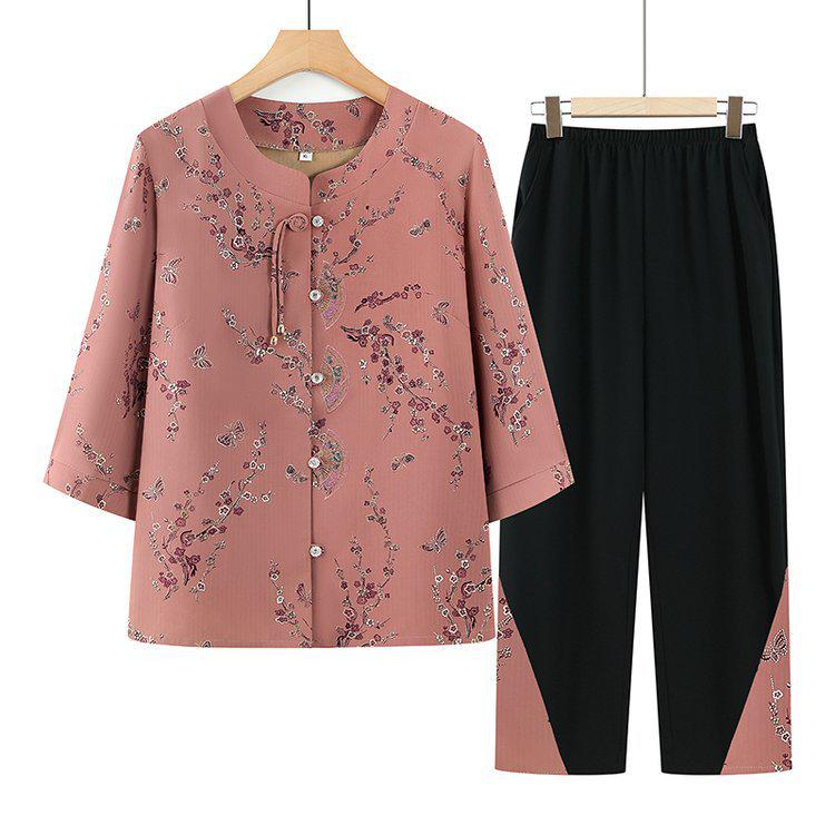 

Grandma s Summer Ice Silk Short-Sleeve Shirt Set for Middle-Aged and Elderly Women 4XL (130-140 jin)