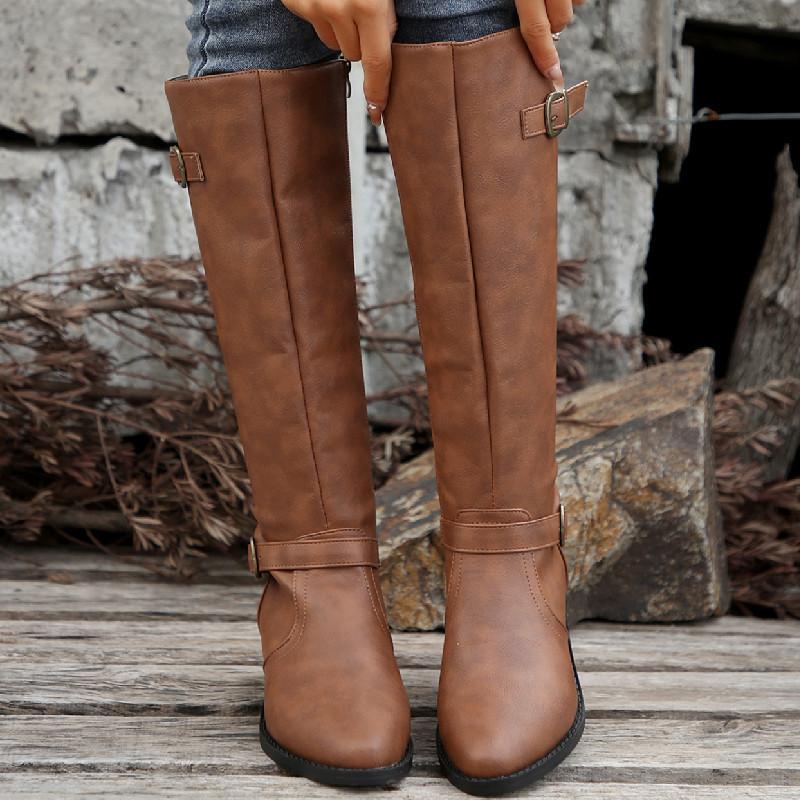 Women's Tall Square Buckle Boots, Chunky Heel Zipper Leather Boots, Plus Size Fall Winter Shoes