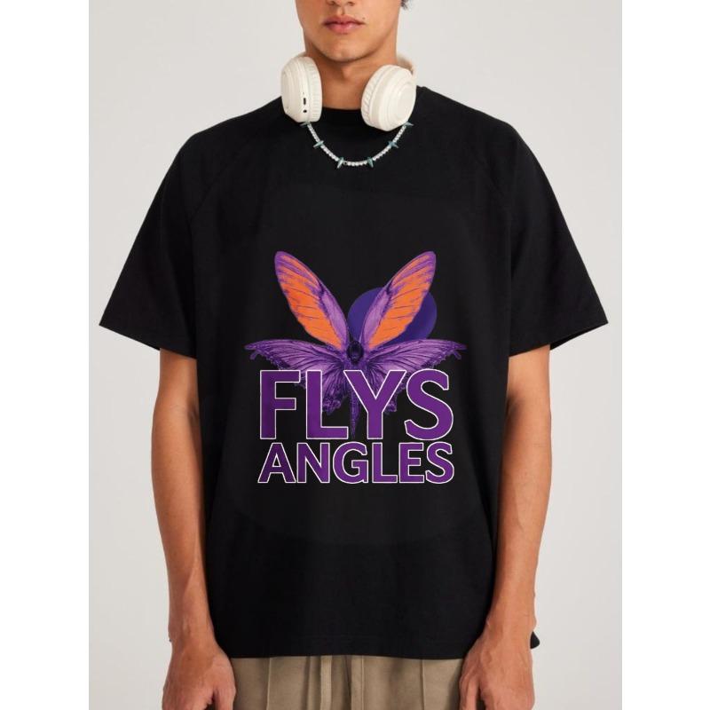 

White T Shirt with Purple and Orange Butterfly Graphic and Flys Angles Text for Casual Wear XXXXL чёрный