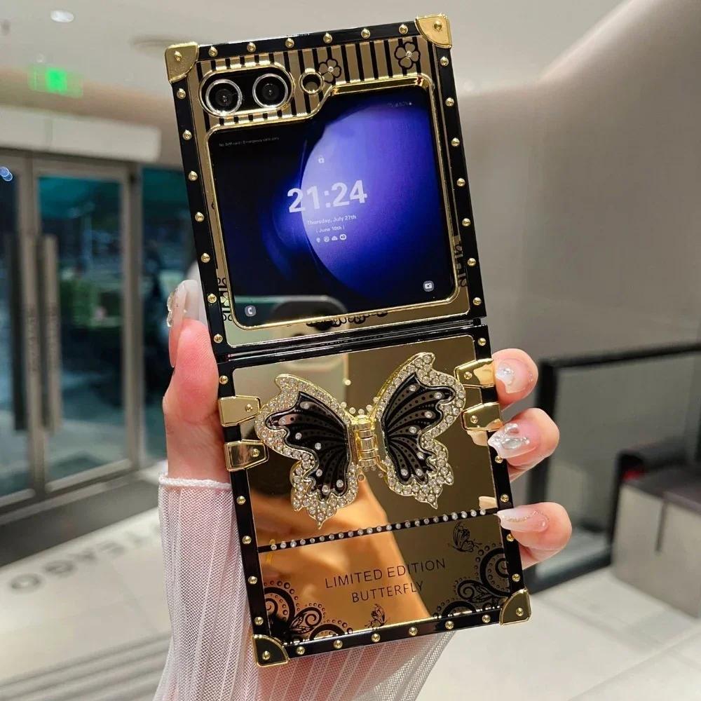 Cute Square Phone Case for Samsung Galaxy Z Flip 6 5 4 3 Flip6 Flip5 Flip4 Flip3 5G Luxury Bling Glitter Butterfly Stand Cover