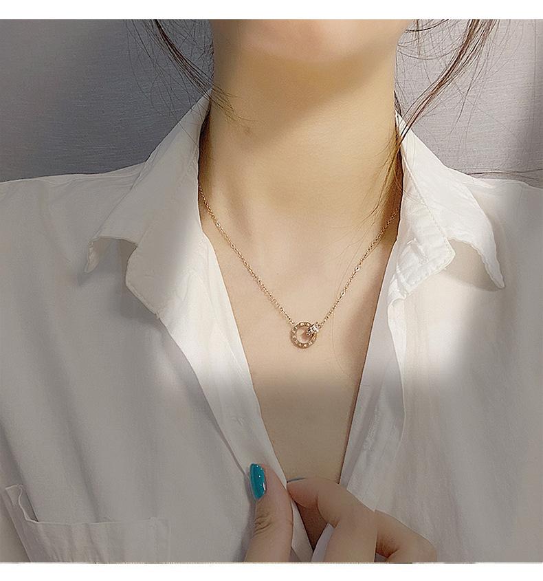 Titanium Steel Necklace Women'S Double Ring Roman Digital Rose Gold Collarbone Chain Cold Wind Simple Design Feeling Neck Chain