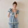 Lunaluz Women Veronia Sandwashing Square Neck Short Sleeve Two Piece Pajamas