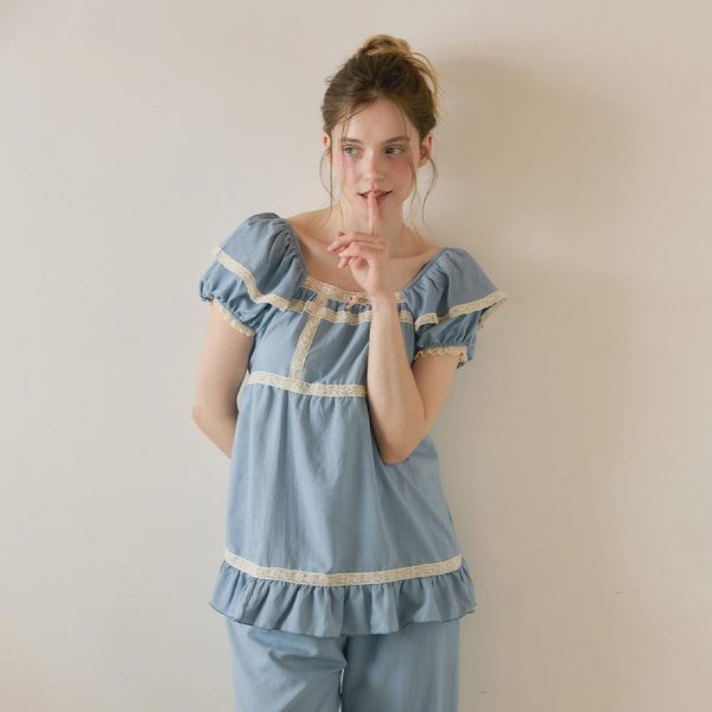 Lunaluz Women Veronia Sandwashing Square Neck Short Sleeve Two Piece Pajamas