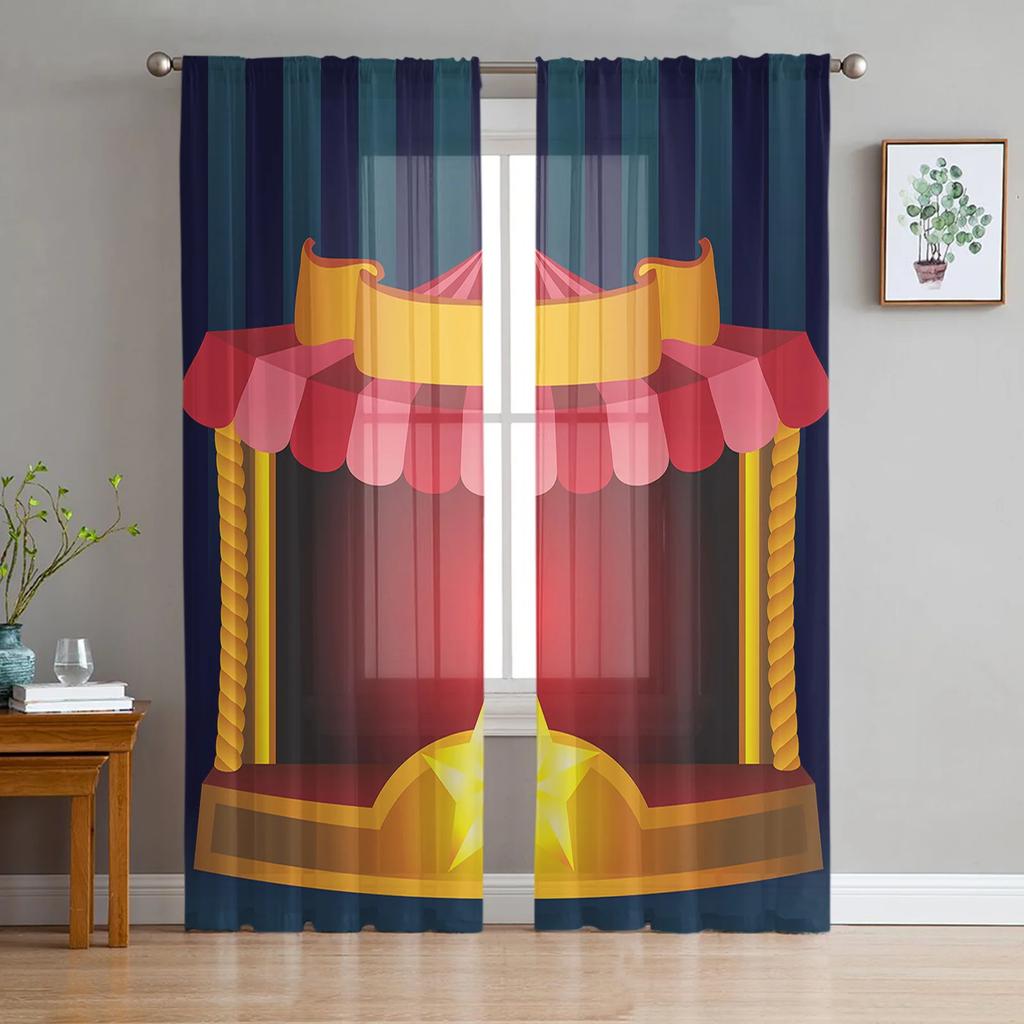 Acrobatic Field Circus Star Retro Style Tulle Curtains Living Room Decoration Chiffon Voile Kitchen Bedroom Curtain Light Filtering For Area Polyester
