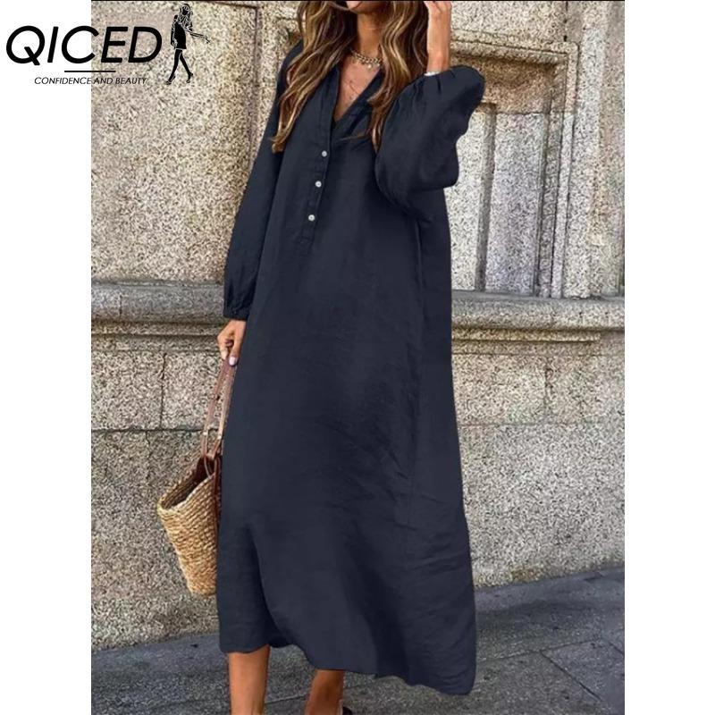

QICED Женская мода весна осень однотонный принт с длинным рукавом и высокой талией повседневные платья XXXXXL темно-синий