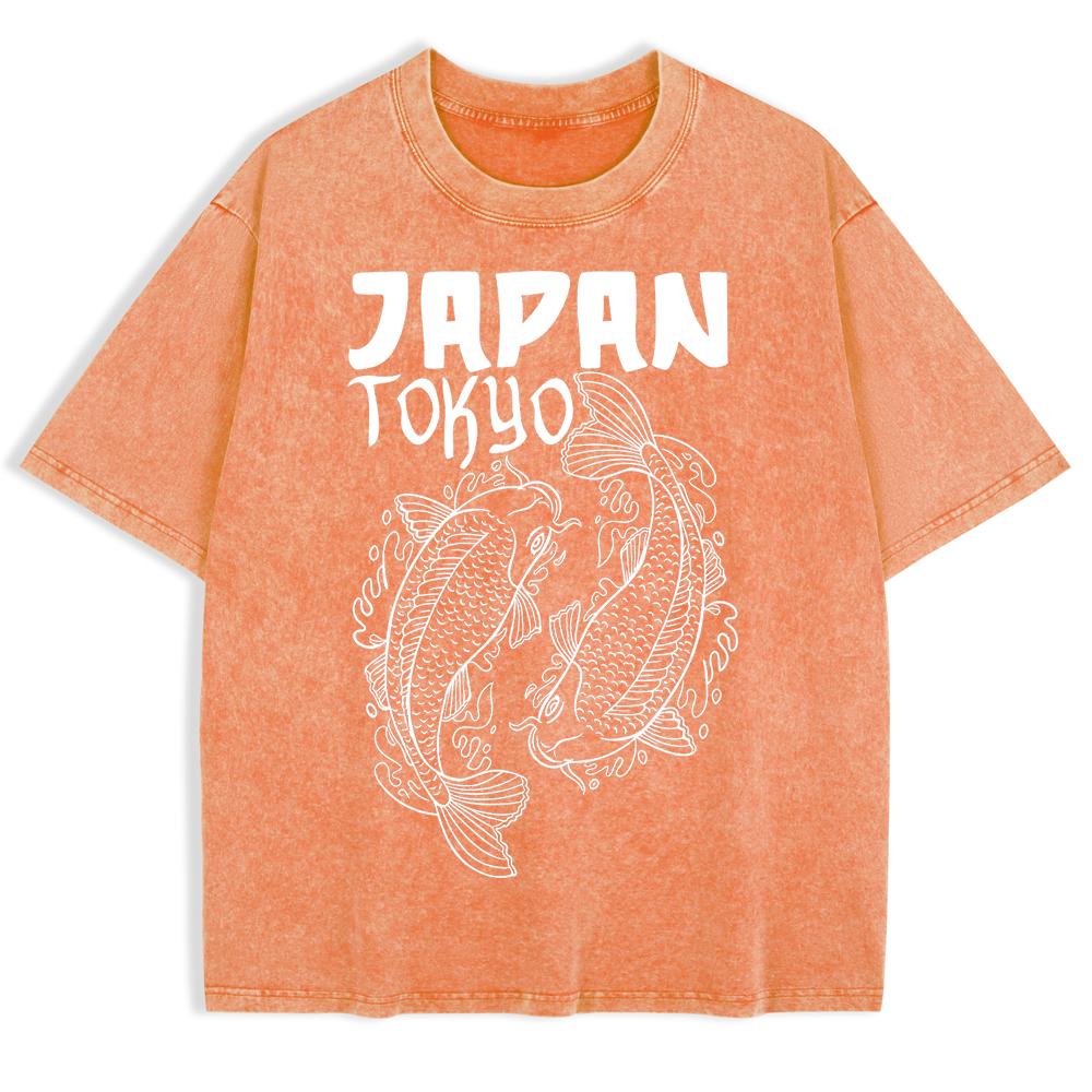 Japanese Koi Harajuku Printed Washed T-Shirts Mens Cotton Oversize T Shirt Summer O-Neck Short Sleeve Tops Clothes