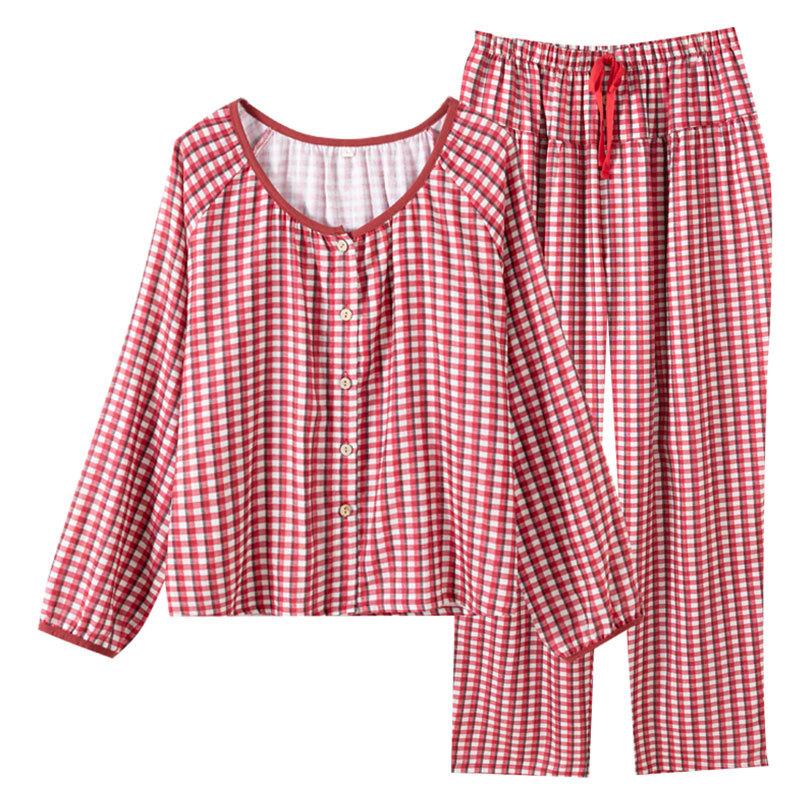 Autumn pure cotton pajamas women's red plaid Korean version loose loungewear long-sleeved trousers casual outerwear suit