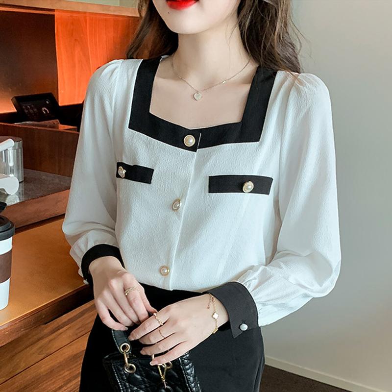 Women Blouses Shirts 2025 Spring Long Sleeve Women Blouse Shirt Square Collar Black White Chiffon Blouse Shirt Women Tops J587