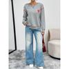 Autumn Winter New Korean Style Women Heart-shaped Embroidered Dropped Shoulder Sleeves Long-sleeved Round Neck Loose Sweatshirt