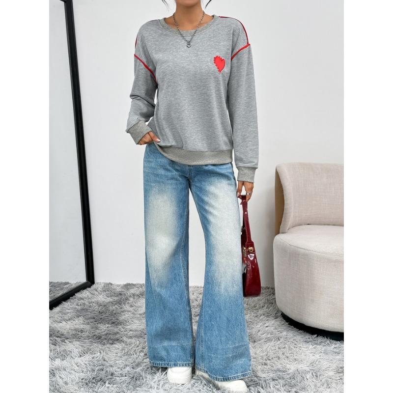 Autumn Winter New Korean Style Women Heart-shaped Embroidered Dropped Shoulder Sleeves Long-sleeved Round Neck Loose Sweatshirt
