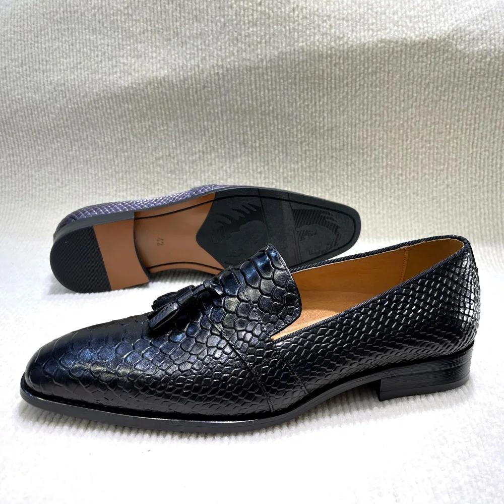 Fashion Men's Tassel Loafers Genuine Leather Gray Slip-on Snake Print Dress Shoes Spring Autumn Wedding Formal Shoes