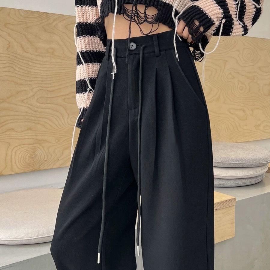 Women's High-Waist Gray Sweatpants - Summer Wide-Leg Floor-Length, Casual Loose American Style with Drawstring.