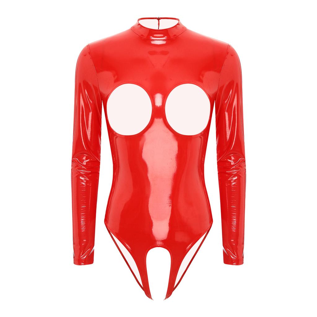 Womens Lingerie Open Breast Crotchless Lace Trimmed Leotard Bodysuit One-piece Wet Look Patent Leather Latex Teddy Clubwear