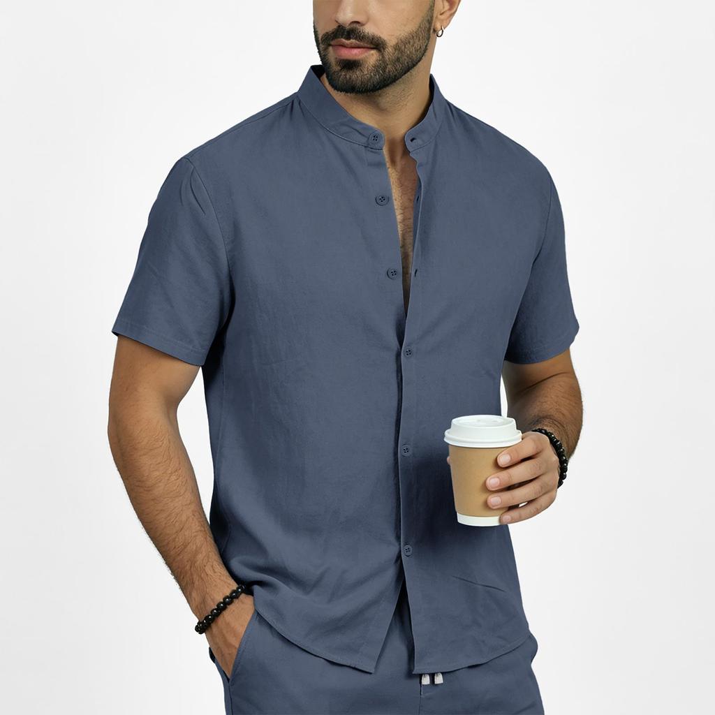Men's Summer Linen Short Sleeve Shirt Stand Collar Button Down Shirt Casual Breathable Lightweight Top for Daily Wear