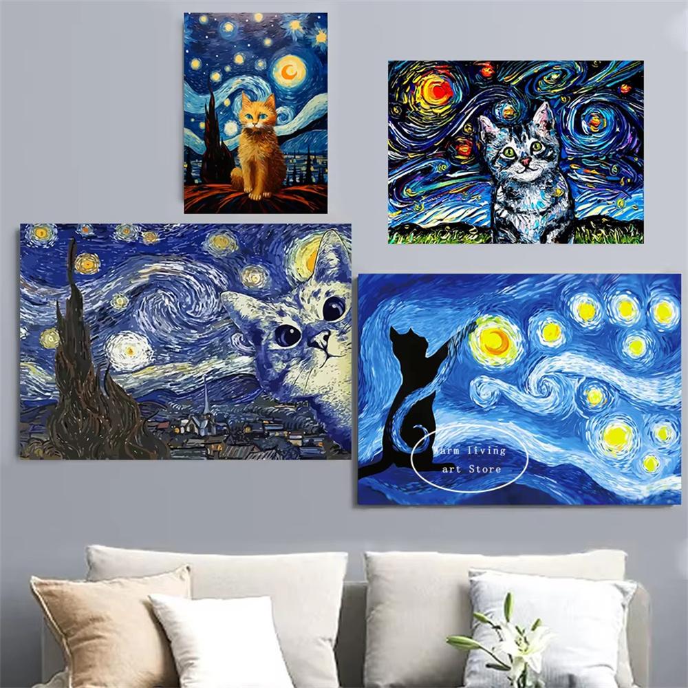 5D Diy Diamond Painting Cross Stitch Embroidery Mosaic Funny Black Cat Flower Van Gogh The Starry Night Full Round Drill Home Decor Wall Art Gift