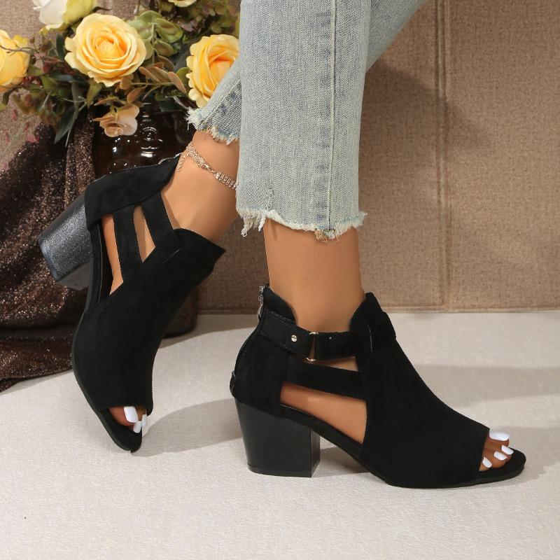Women's Chunky Heel Open-Toe Sandals with Ankle Strap & Zipper Closure - Black Fabric Upper, Synthetic Cover Insole & Rubber Sole for Casual To Formal