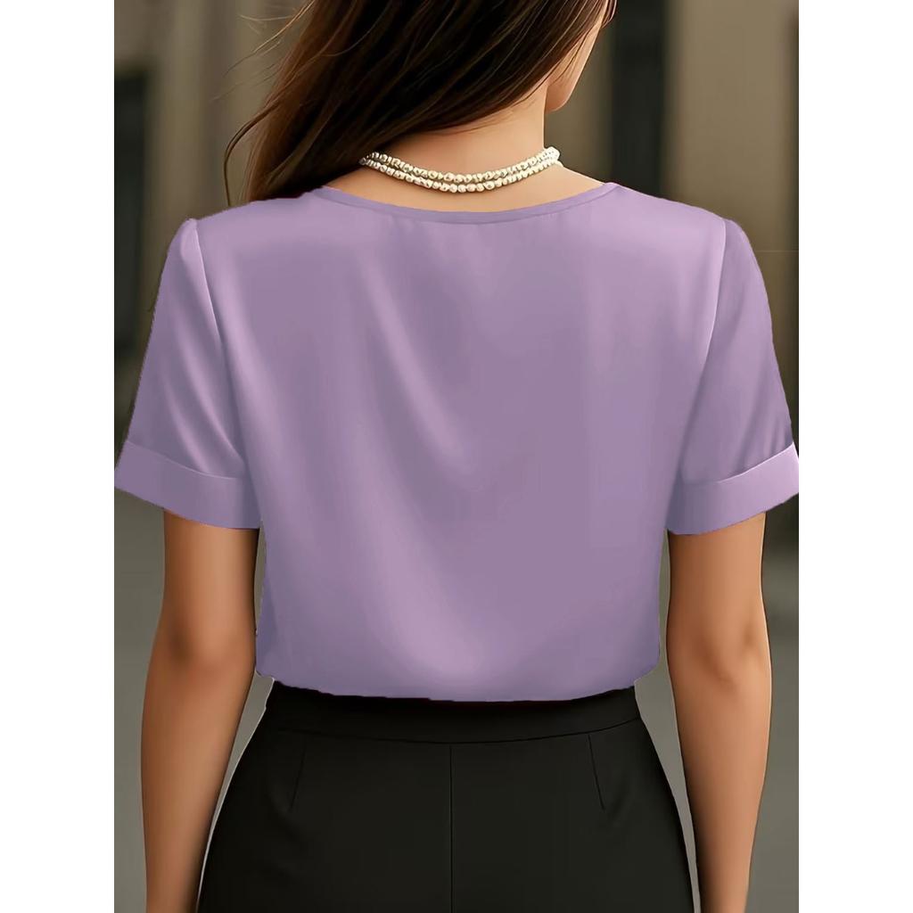 2026 New Women's V-neck Ruched Short Sleeve Elegant Fashion T-shirt Blouse, Casual Daily Top for Women European American Style