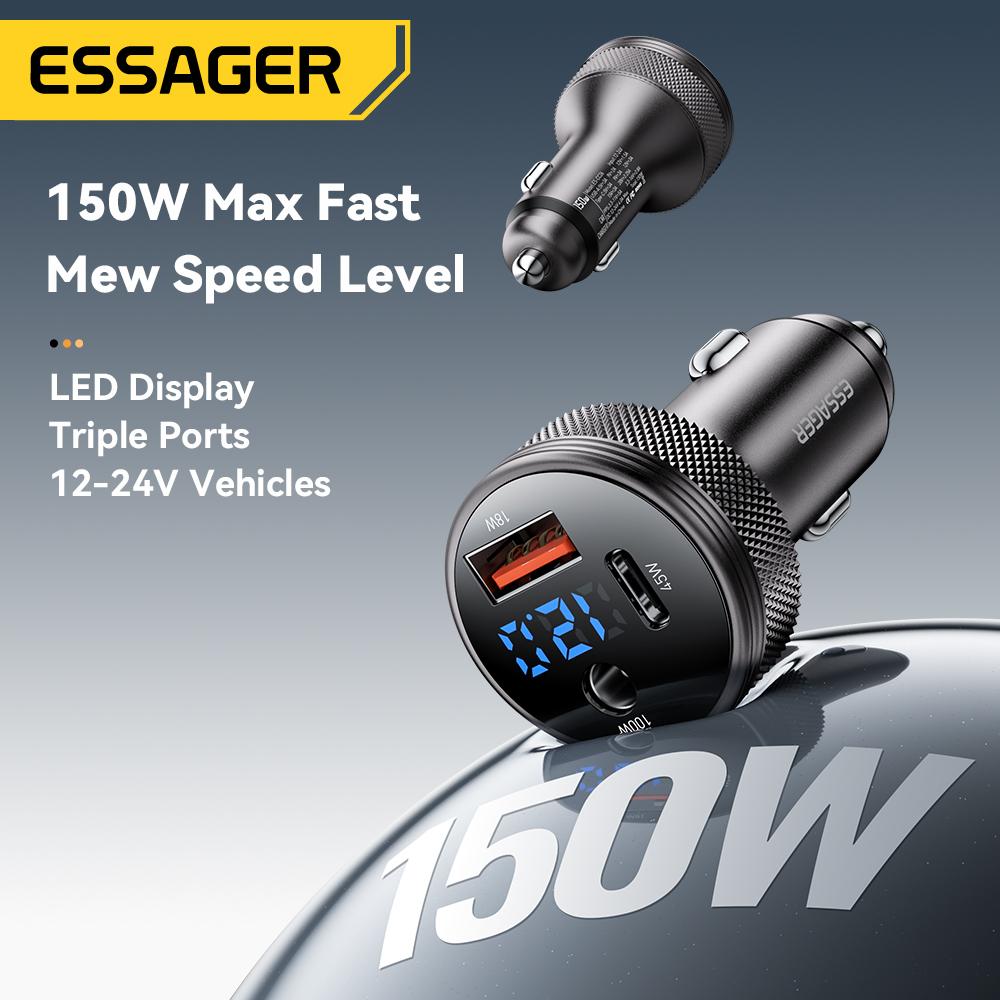 Essager 150W USB Car Charger For Xiaomi iPhone Samsung Laptops Tabet PD 3.0 Fast Charging USB Type C Digital Display Car Charger