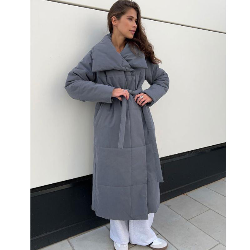 Dámské podzimní zimní nadměrné teplé bundy s páskem Módní bundy Volné Jednobarevné Ležérní kabáty Bunda vycpaná bavlnou