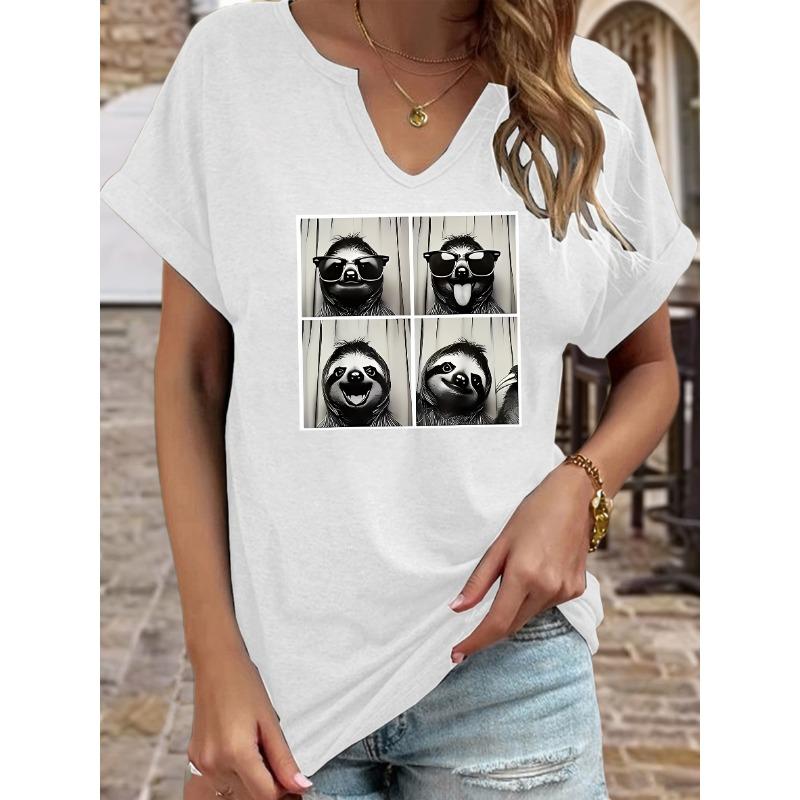 

Women s Summer Crew Neck Short Sleeve T-Shirt, Funny Sloth Photo Booth Print, Cool Sunglasses Animal Graphic Casual Top S