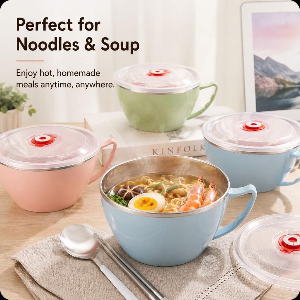 Solid Stainless Steel Noodle Bowl with Handle, Thermal Food Storage Bowl, Rice Bowl, Soup Bowl, Instant Noodle Bowl