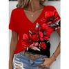 Summer V-neck 3D Flower Themed Pattern Printed Top Fashionable Casual Short Sleeved Women's T-shirts