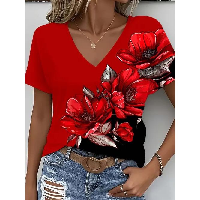 Summer V-neck 3D Flower Themed Pattern Printed Top Fashionable Casual Short Sleeved Women's T-shirts