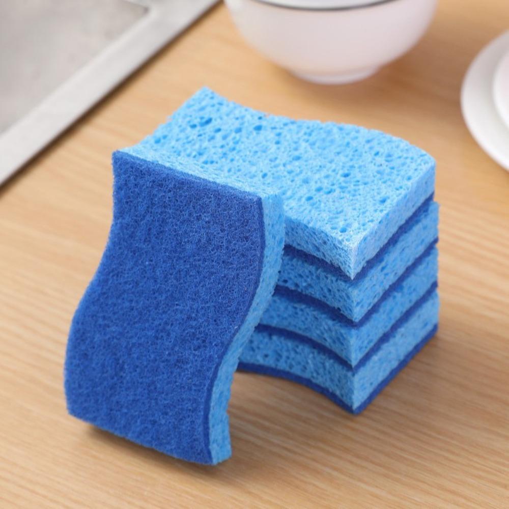 S-shaped blue wood pulp cotton dishwashing sponge wiping wood pulp sponge kitchen dishwashing single pack (english packaging)