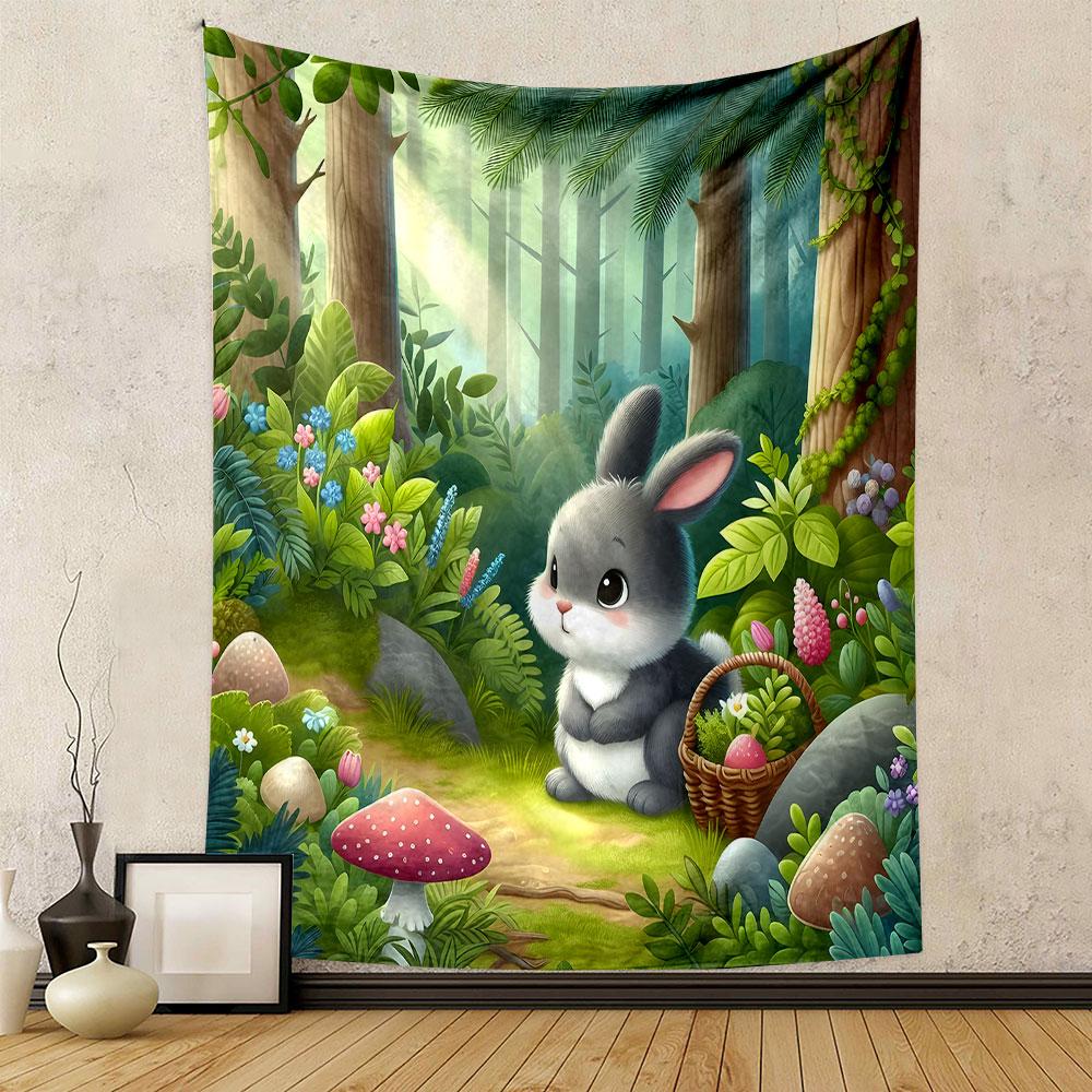 Cute Bunny in a Forest Wonderland Patterned Tapestry Decorative Wall Hanging, Home Bedroom Living Room Decor