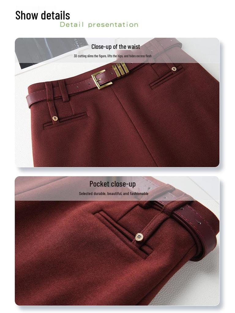 Khaki Wool Midi Bodycon Skirt for Women - 2024 Autumn/Winter New Style with Slit